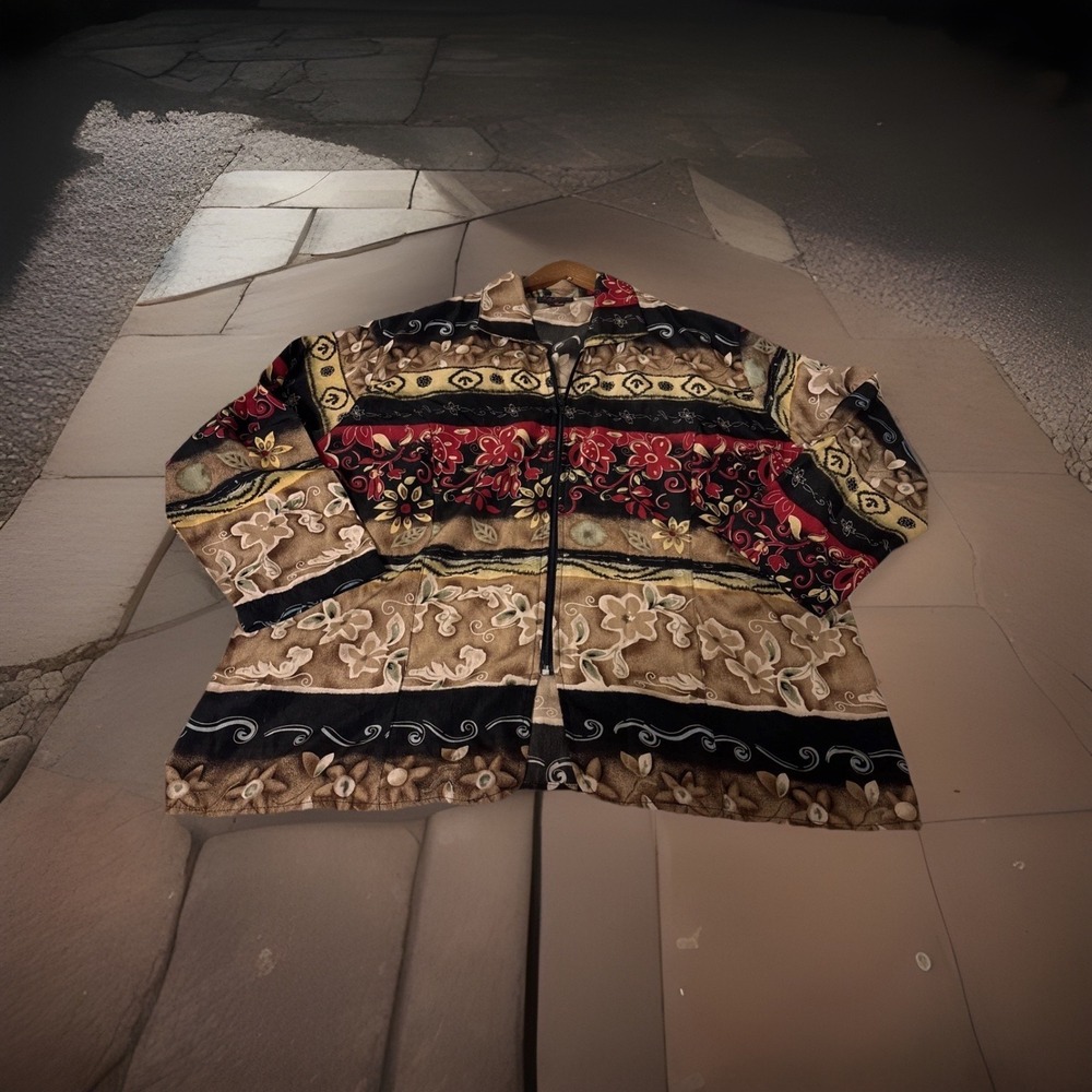 Kamal Womens Size 24 Floral Aztec Western Zip Front Jacket Brown Red Boho Chic